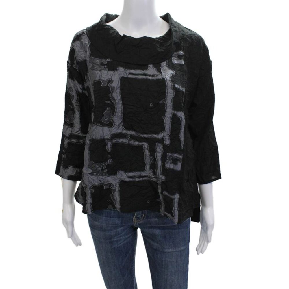 Sydney Womens Geometric Mock Neck Tunic Top Black 3/4 Sleeve Size XS